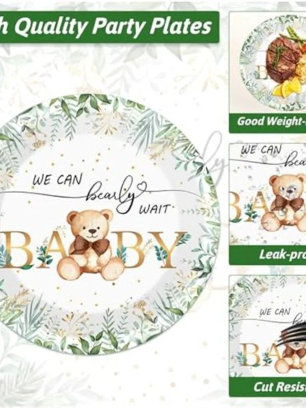 Sage Green Teddy Bear Baby Shower Plates Napkins Forks Party Supplies Set